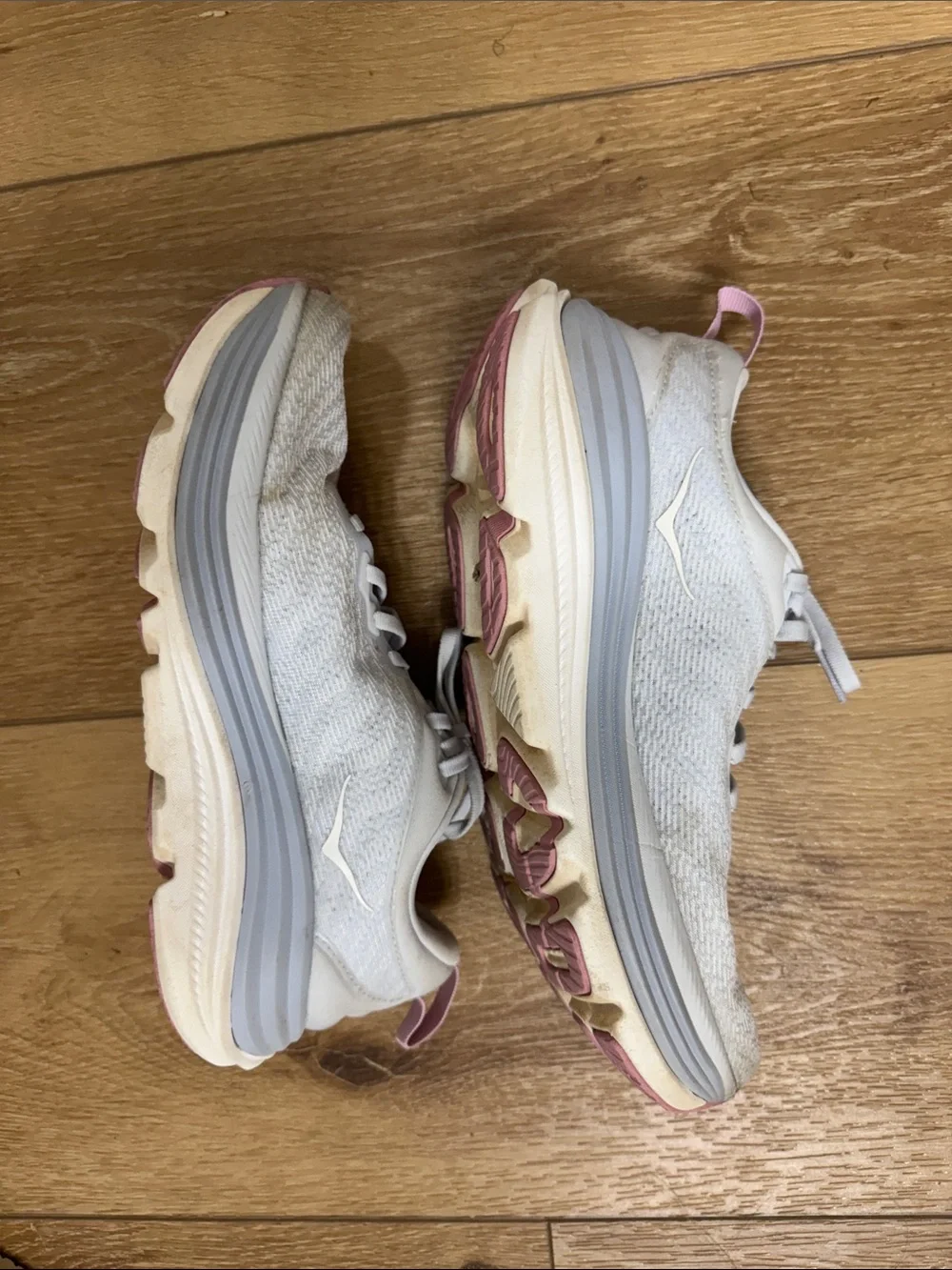 Hoka Women's Light Gray and Pink Athletic Running Shoes